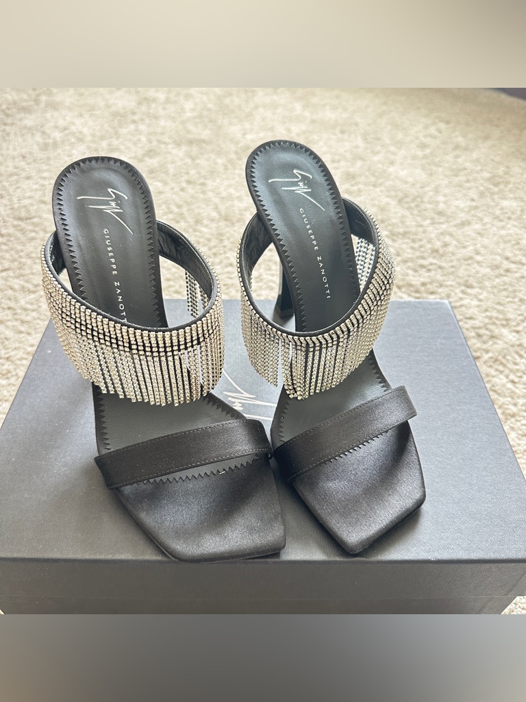 Giuseppe Zanotti Black Satin Slide Mules With Silver Crystal Fringe Size 7.5